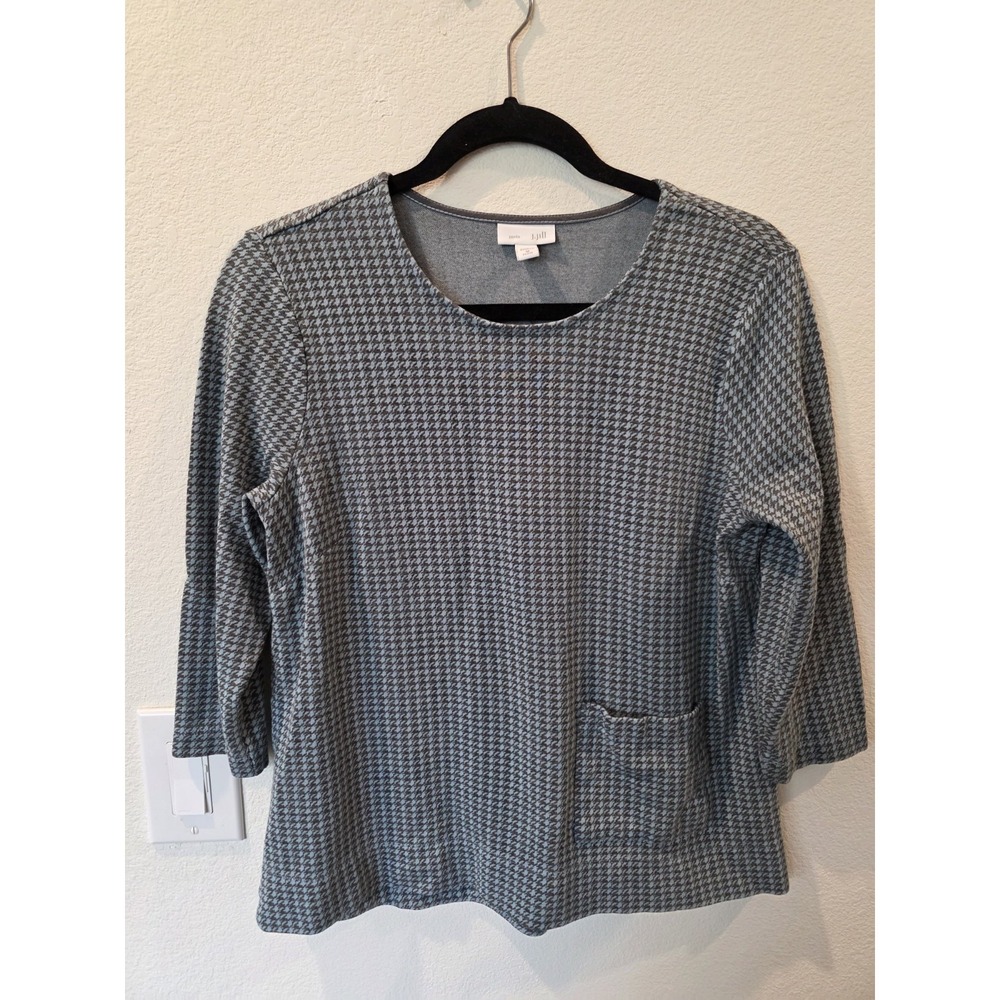 J. Jill Ponte Top Sz MP Blue Gray Houndstooth 3/4 Sleeve Pocket Quiet Luxury